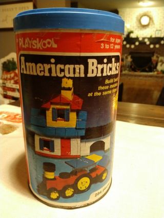 316 Vintage Playskool American Bricks Blocks Canister With Lid