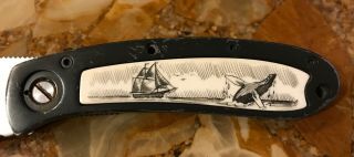 Nautical Scrimshaw Tall Ship,  Breeching Whale,  Vintage BULLSEYE Folding Knife 2