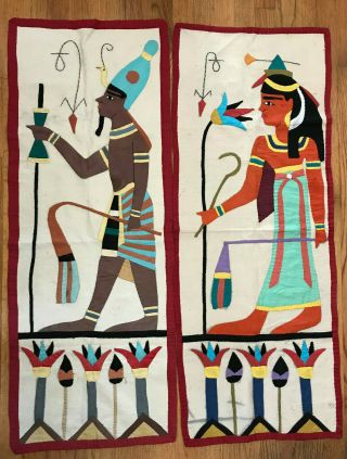 Pair Vintage Egyptian Hand Made Applique Wall Hangings 45 X 17 Each Pc.  Folk Art