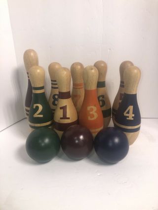 Vintage Bowling Set - 9 Painted Wooden Pins & 3 Wooden Balls - Game 9.  5”