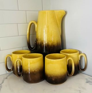 Vintage Hull Pottery - Yellow & Brown Drip Coffee Pot With 4 Mugs - Made In Usa