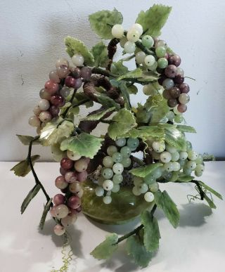 Vintage Chinese 10 " Jade And Grape Flowers Bonsai Tree On Jade Base