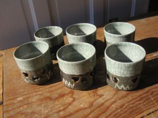 Six Somayaki Soma Ware Green Crackle Double Walled Cups