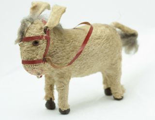 Mohair Wind - Up Donkey With Glass Eyes,  Red Leather Bridle And Reins,  No Key