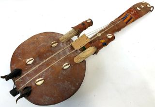 Vintage 23 " Handmade Ghana Africa Kora Leather Cowry Shell Stringed Instrument