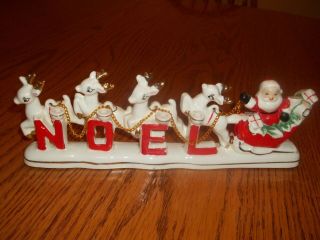 Vtg Mid Century Christmas Relco Santa & Sleigh W/ Reindeer Noel Candle Holders
