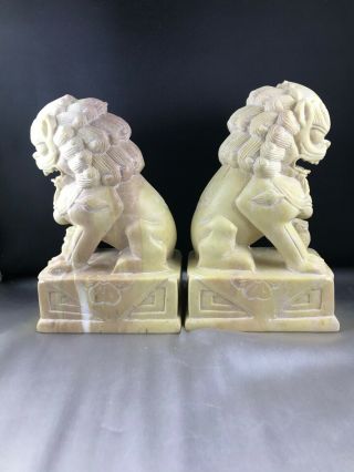 7” Pair (2) Of Vintage Hand Carved Soapstone Foo Dog Dragon Book End Figurines