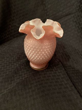 Rare Vintage Fenton Coral Overlay Hobnail Vase 6 "