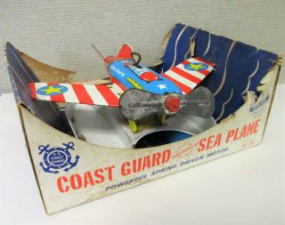 Vintage Ohio Art Tin Litho Wind Up Coast Guard Sea Plane & Box
