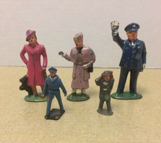5 Vintage Barclay Manoil Lead Figures Policeman Woman Hobo Pilot Worn