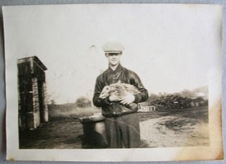 Boy Wearing Leather Jacket & Cap Holding Pet Opossum Old Vintage Snapshot Photo