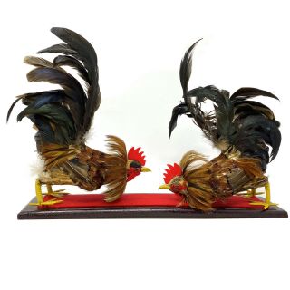 Vtg Fighting Chicken Rooster Birds Figurines Wood Base With Real Feathers Japan