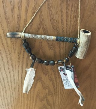 Native American Peace Pipe Handmade Navajo By T.  Miller With Real Antler