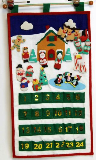 Vtg 1990s Felt Count Down Christmas Calendar Advent Santa Snowmen House Reindeer