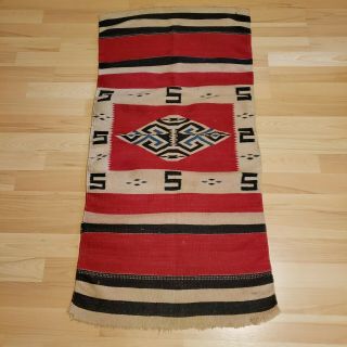 Vintage Navajo Textile Blanket Wall Hanging,  Rug,  Red Diamond 20 X 44 " C.  1940s