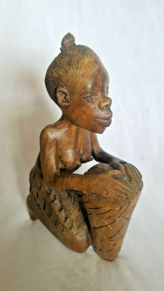 African Wood Hand Carved Woman With Drum 8 " Tall Statue Figurine
