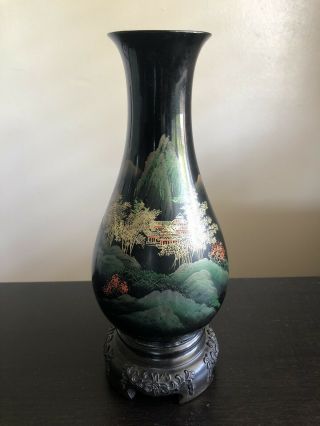 Vintage Chinese Fuzhou Bodiless Lacqueware Lacquer Wood Vase Gilt Art Painting