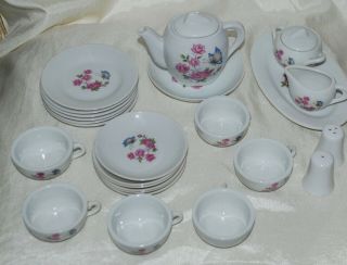 27 Piece Vintage Miniature Childs Play Tea Set White Japan Pink Floral Butterfly