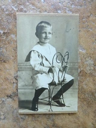 Old Cdv Cabinet Photo Happy Boy Sailor Suit Straddles Ice Cream Parlor Chair