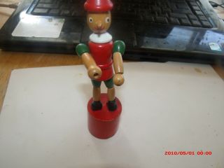 Vintage Push Up Toy Pinocchio Puppet; Push Button; Wooden
