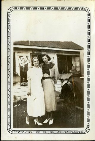 Vintage Photo Two Women Standing In Front Of Coca Cola Sign Ice Cold Small Store
