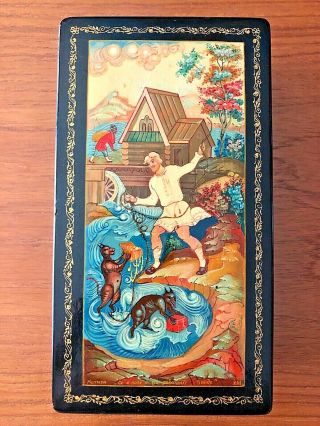 Vintage Russian Mstera (mstyora) Hand Painted Lacquer Box Fairy Tale Signed