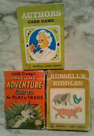 3 Vntg Child Card Games By Russell Authors,  Disney True Life Adventures,  Riddles
