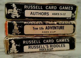 3 Vntg Child Card Games by Russell AUTHORS,  Disney TRUE LIFE ADVENTURES,  RIDDLES 2
