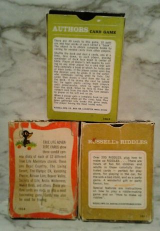 3 Vntg Child Card Games by Russell AUTHORS,  Disney TRUE LIFE ADVENTURES,  RIDDLES 3