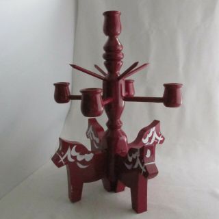 Vtg Swedish Dala Horses On Red Painted Wood Candlestick & Apple Cone Centerpiece