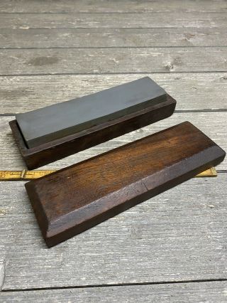 Vintage 8” X 2” Dual Grit Sharpening Stone With Hand Made Walnut Coffin Top Box