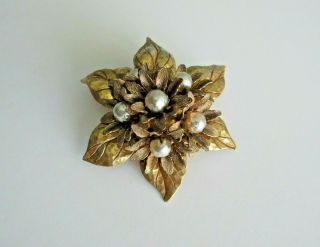 Vintage Miriam Haskell Signed Gold Tone Flower Bouquet Baroque Pearls Brooch Pin
