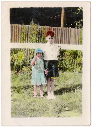 1930s Surreal Badly Hand Coloured Children - Vintage Snapshot Found Photo Girl