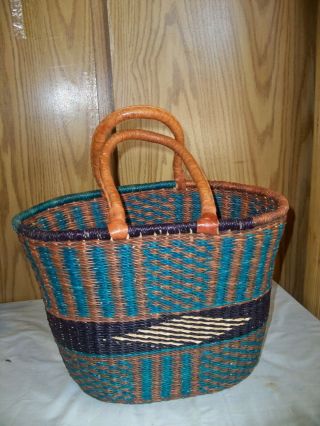 (r) African Basket Woven From Natural Grasses 16 " X 12 " W/ Leather Handles