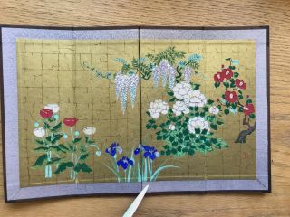 Vintage Small Art Folding Screen Made In Japan,  Flowers,  Peony,  Wisteria,  Iris,