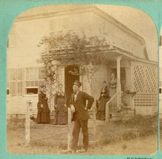 Manchester,  Nh.  Man Posing With Four Women In Yard.  B.  F.  Norton Stereoview Photo