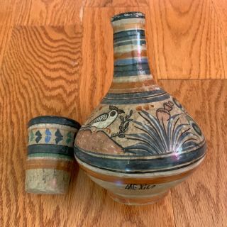Vintage Mexican Hand Painted Pottery Vase Water Vessel Jug & Cup Birds Folk Art