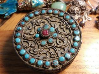 Antique Tibetan Turquoise & Coral Silver Filigree Round Trinket Box