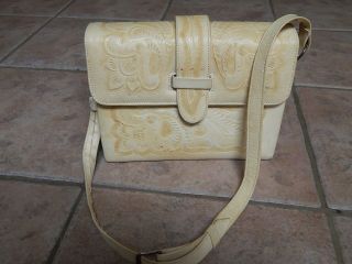 Vtg Mexican Hand Tooled Ivory / Creamy Leather Handbag,  Purse