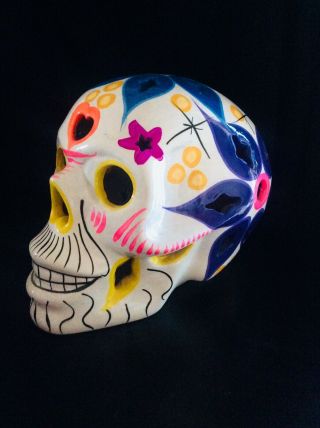 Ceramic Floral Painted Day Of The Dead Ceramic Sugar Skull Votive 7”x6”