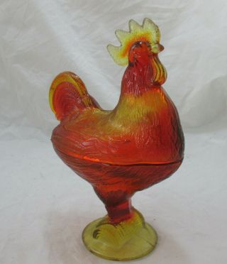 Vintage Kanawha Amberina Glass Rooster Standing On Log Covered Candy Dish 9 3/4 "