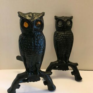 2 Vintage Cast Iron Owls Fireplace Andirons