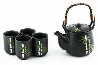 Japanese Asian Lucky Bamboo Design Tea Set Ceramic Teapot With 4 Tea Cups