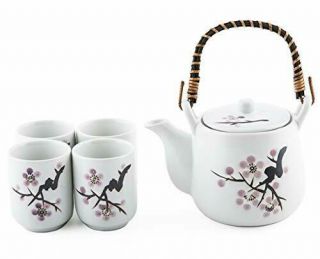 Japanese White Snow Cherry Blossom Sakura Tea Set Ceramic Teapot