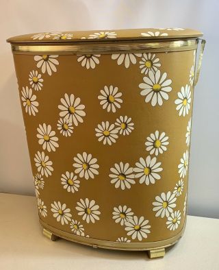 Vtg Pearl Wick Laundry Hamper Floral Daisys On Harvest Gold Duroweve Vented Back