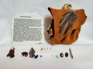 Deerskin Leather Medicine Bag With Native American Fetish And Legend