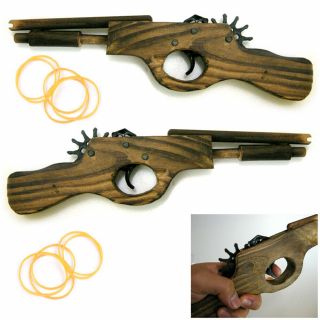 2 Wooden Pistol 12 " Toy Gun Rubber Band Shooter Kids Cowboy Classic Antique Gift