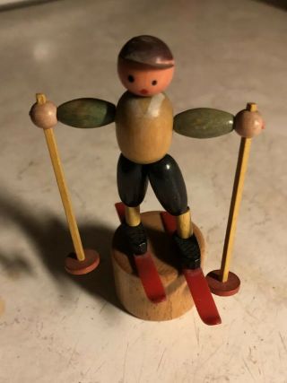 Vintage Wooden Skier Push Puppet 3 1/4”.  Made In Italy