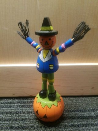 Wooden Scarecrow On Pumpkin Halloween Push Puppet Push Button Movable Toy