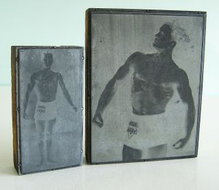 2 Vintage Mens Fitness Letterpress Metal Printing Plates Gay Interest Ymca Pants